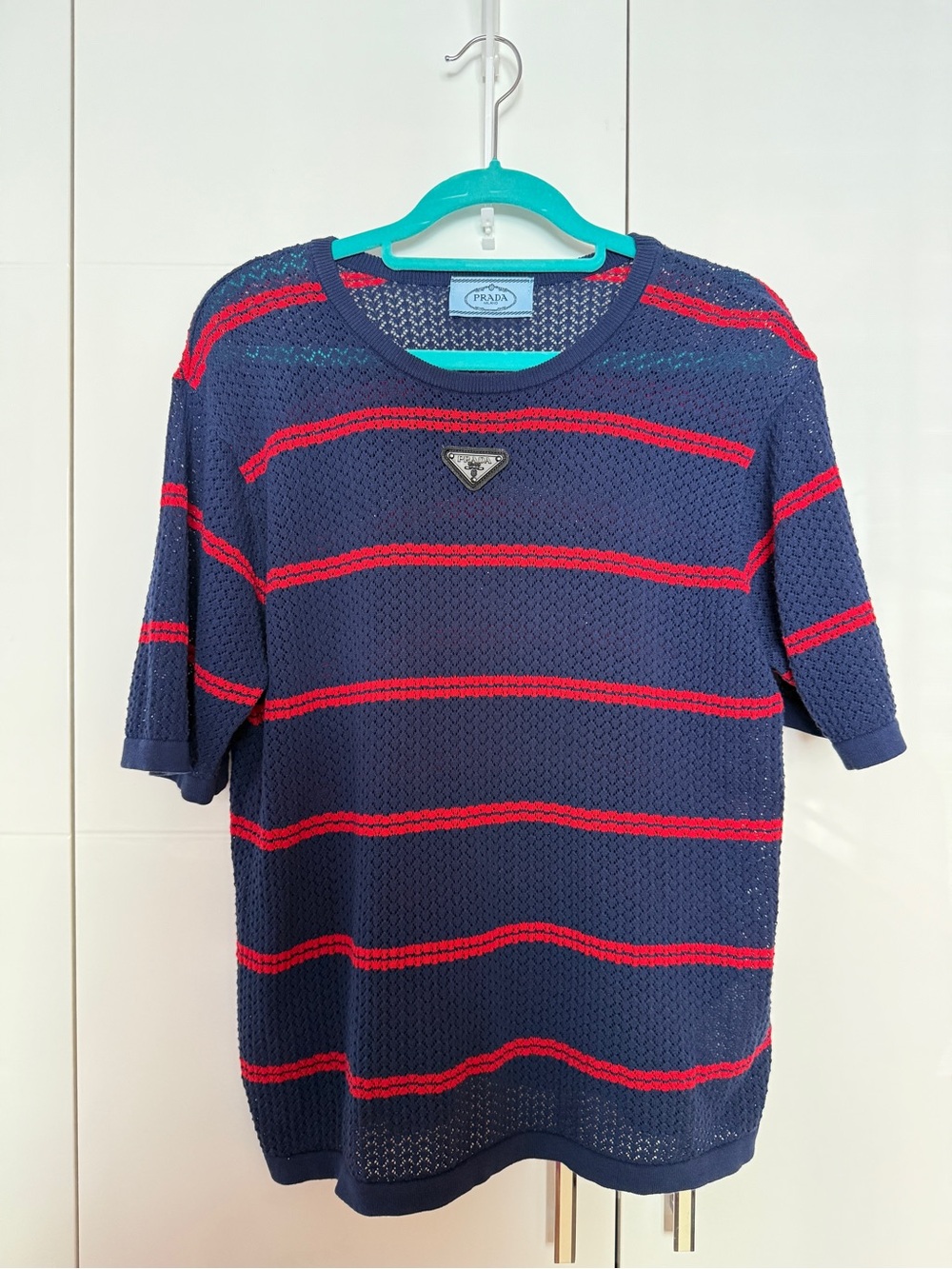 Prada Navy Knit Top with Red Stripes